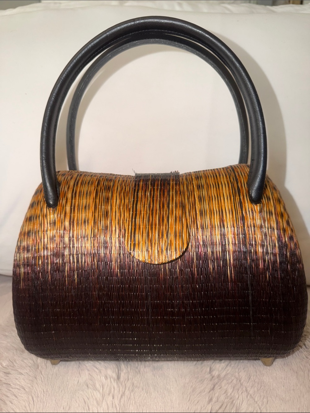 Vintage Brown and Black Woven Straw Handbag